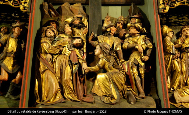 Vue de détail du retable de Kaysersberg, les pleureuses au pied de la croix
