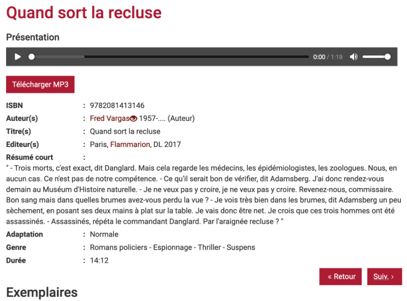 Page détail du livre sur le portail des Bibliothèques Sonores