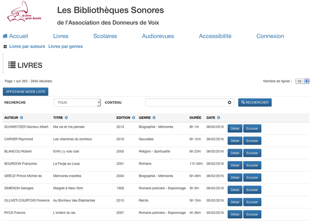 Page de consultation des audiolivres sur le serveur national ADV