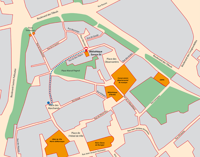 Plan de situation et de déplacment entre l'ancien et le nouveau local de la Bibliothèque Sonore 04