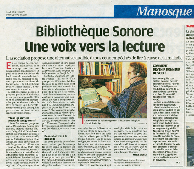 Page intérieure du journal La Provence Une voix vers la lecture