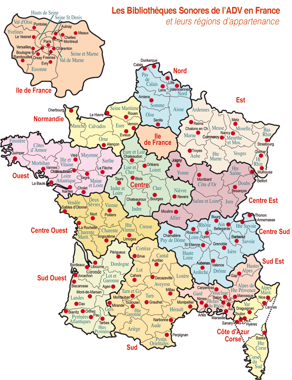 Carte de France avec implantations des Biblioth&egrave;ques Sonores
